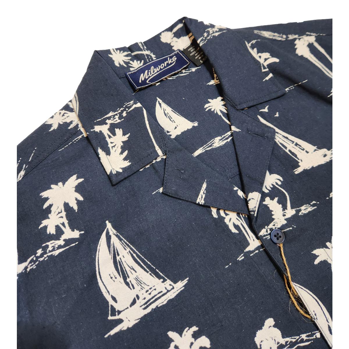 Cotton Linen Printed Camp Shirt Navy - Shirts