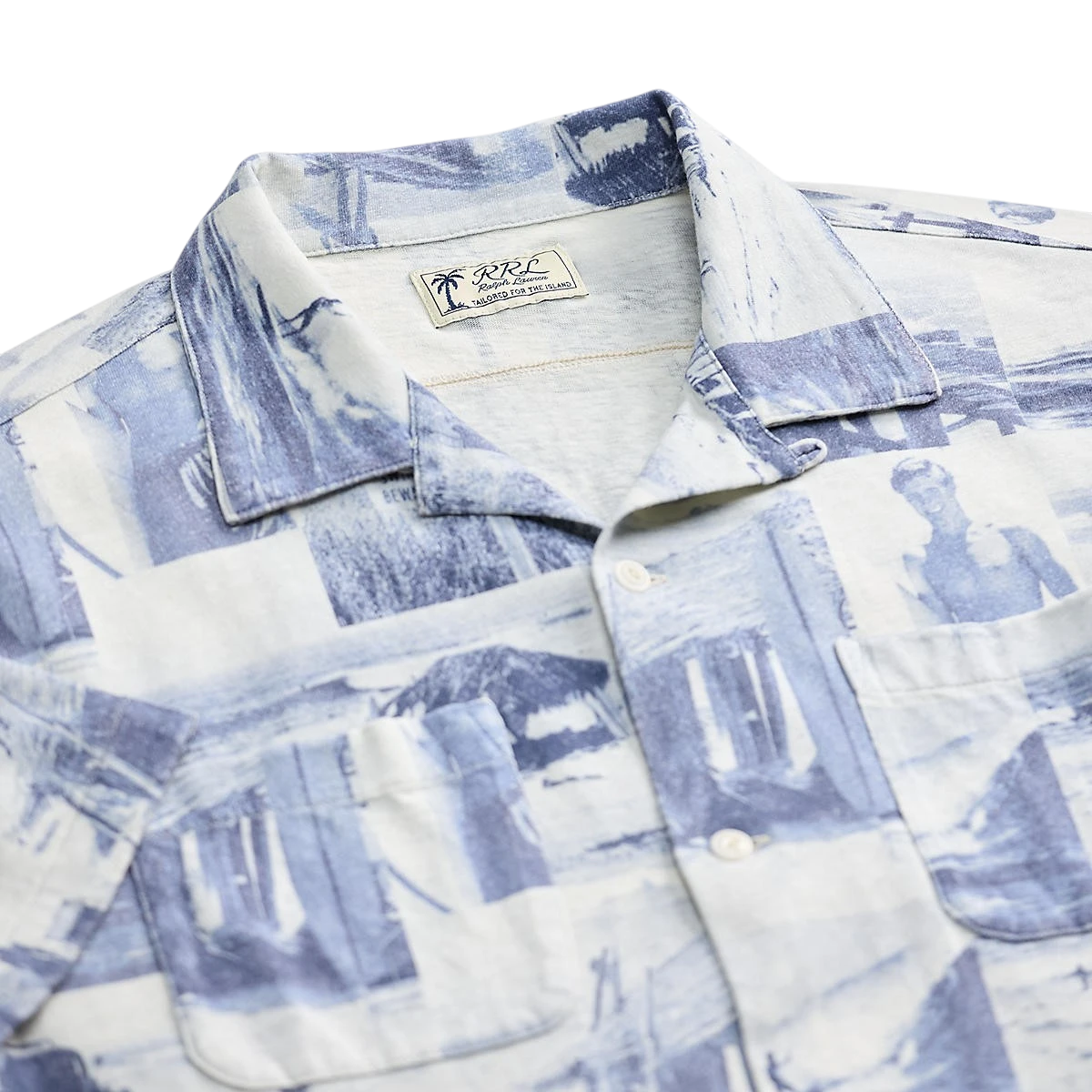 RRL Photo-Print Linen-Cotton Camp Shirt Navy Multi - MILWORKS