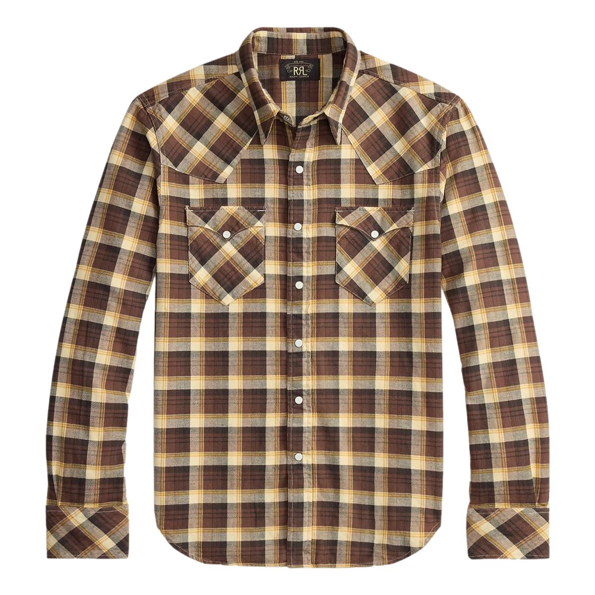 Slim Fit Plaid Twill Western Shirt Brown Mustard Cream