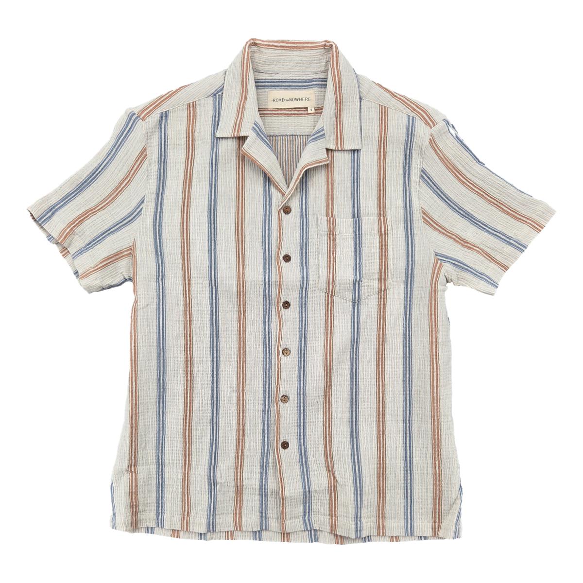 Fez Shirt in Cotton Seersucker Blue Gold Stripe