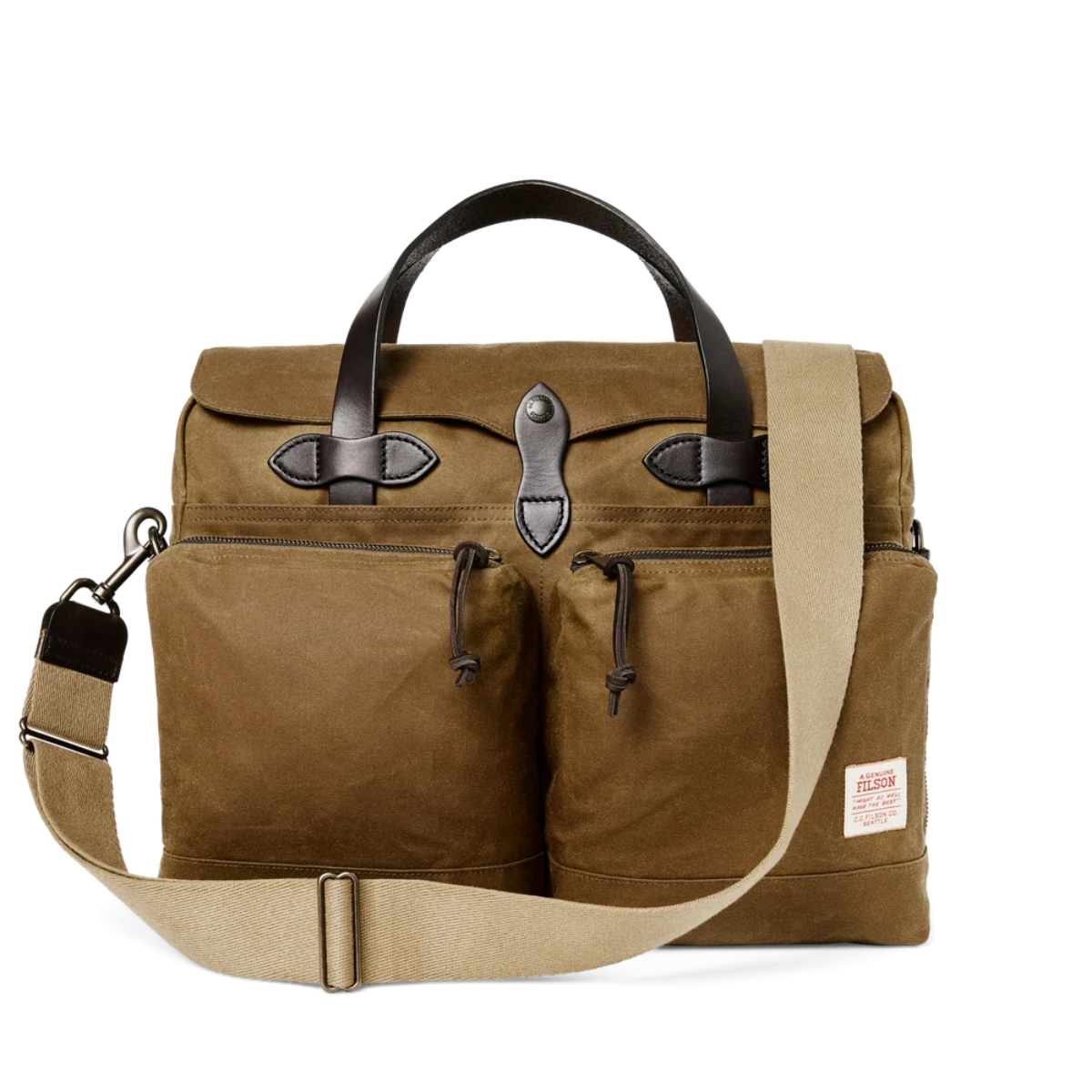 MILWORKS Filson 24-Hour Tin Cloth briefcase in dark tan with bridle leather handles and adjustable shoulder strap
