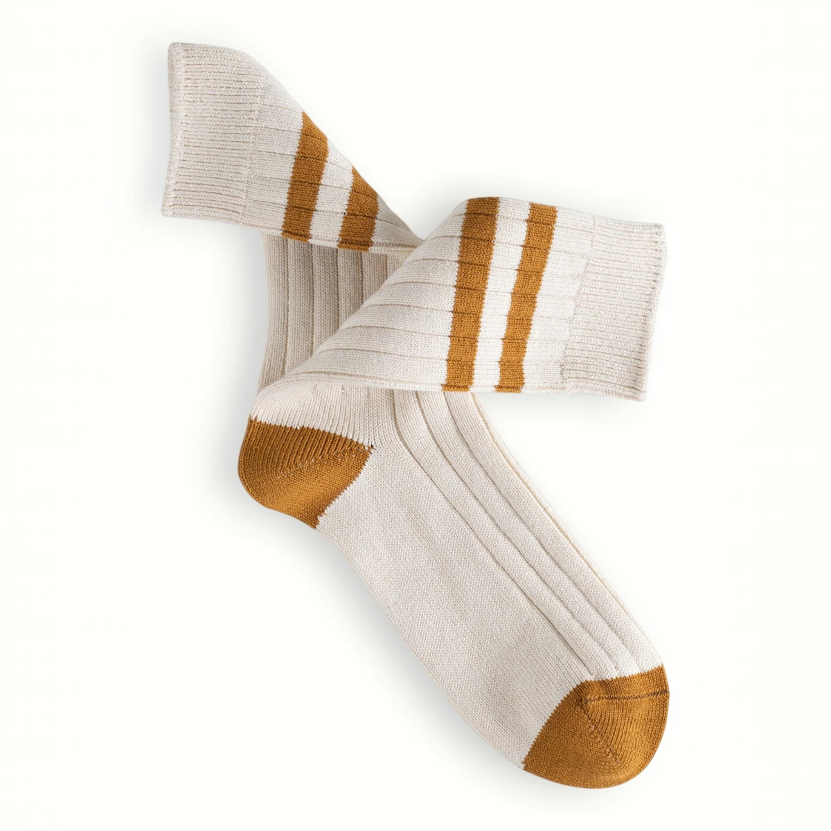 MILWORKS The Racquet Club Collection ribbed cotton socks in cream with mustard stripes, heel, and toe accents.