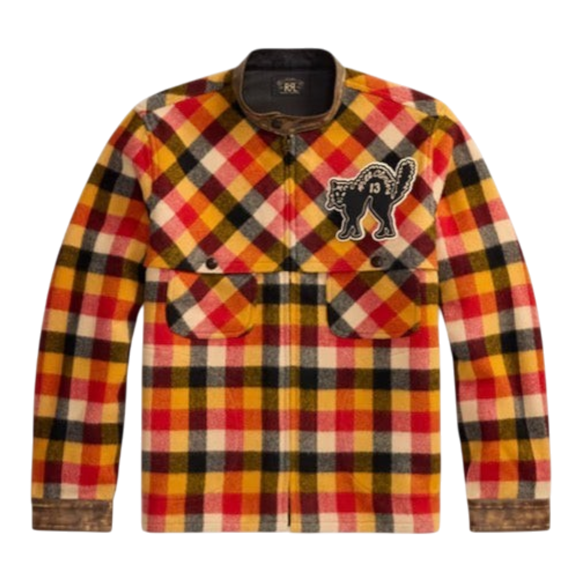 MILWORKS Cat-Patch Plaid Wool Overshirt in red, yellow, and black with leather trim and embroidered cat chest patch.