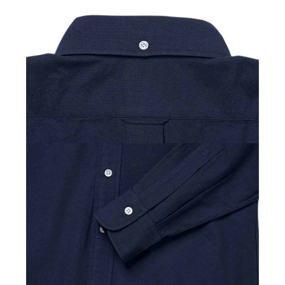 Kamakura navy blue cotton oxford button-down shirt featuring a back collar button, locker loop, and pleated cuffs.