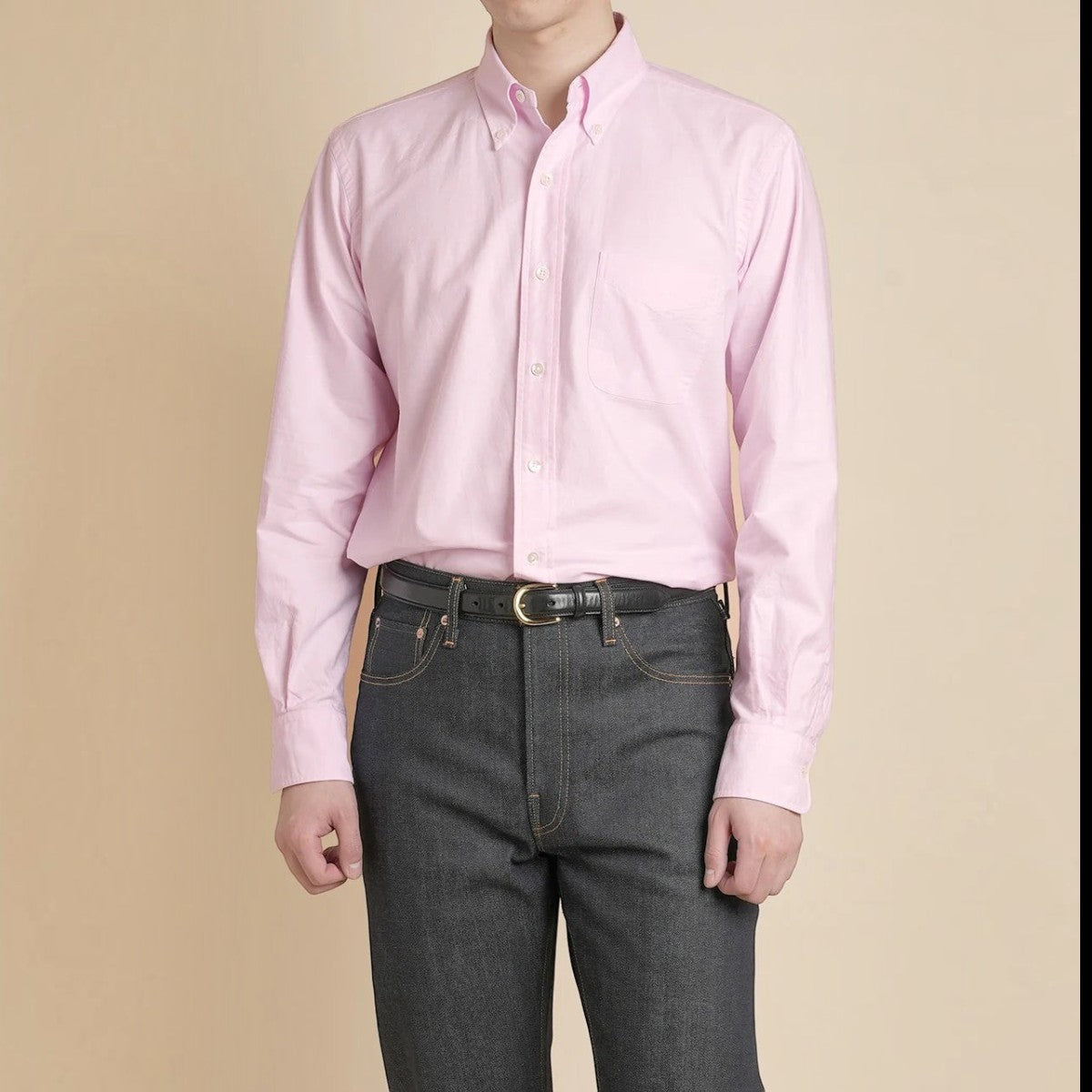 Kamakura pink cotton oxford button-down shirt with chest pocket, long sleeves, and shell buttons on a male model.