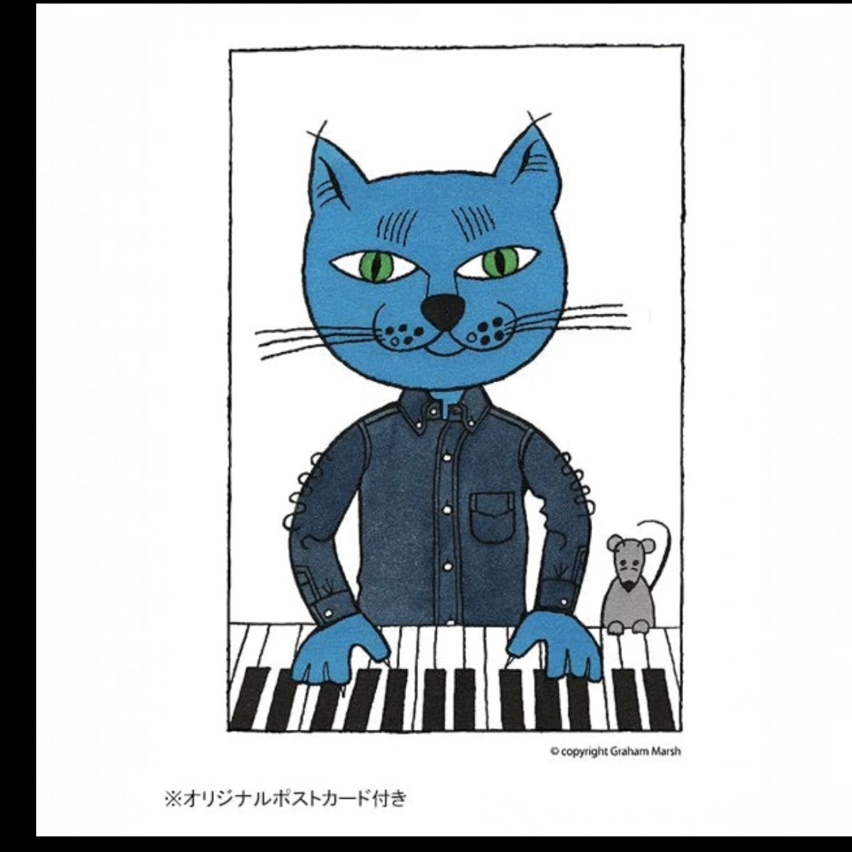 Kamakura Vintage Ivy navy blue cotton oxford button-down shirt illustrated on a cat playing piano with a postcard.