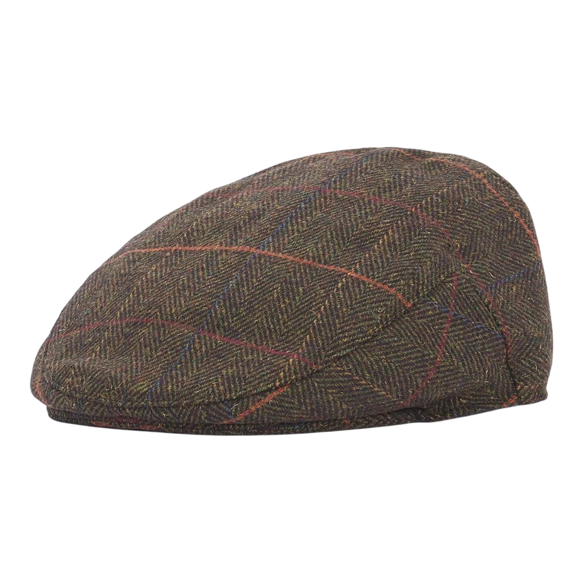 MILWORKS Wilkin flat cap in olive herringbone wool-blend tweed with a stud-fastened peak and cotton lining.
