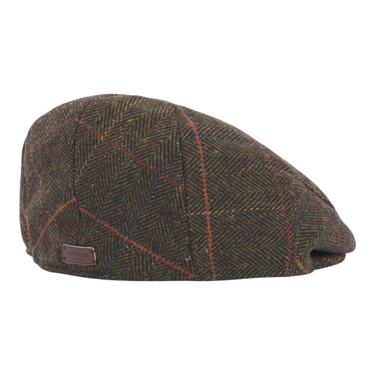 MILWORKS Barbour Wilkin flat cap in olive herringbone wool-blend tweed with a stud-fastened peak and side logo badge.