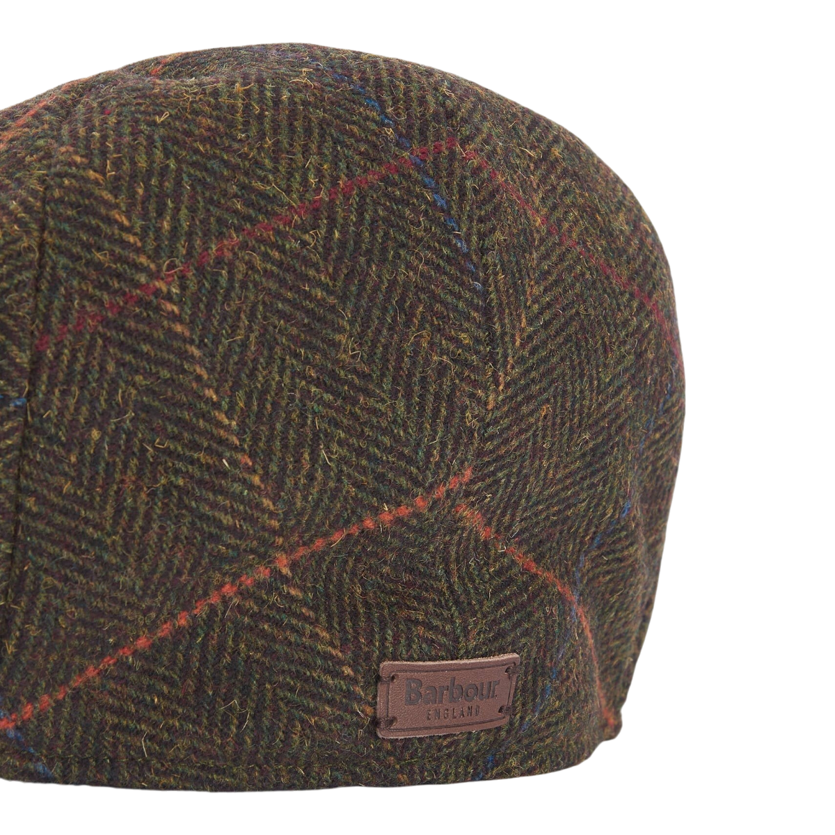 MILWORKS Barbour Wilkin flat cap in olive herringbone wool-blend tweed with a brown leather logo patch