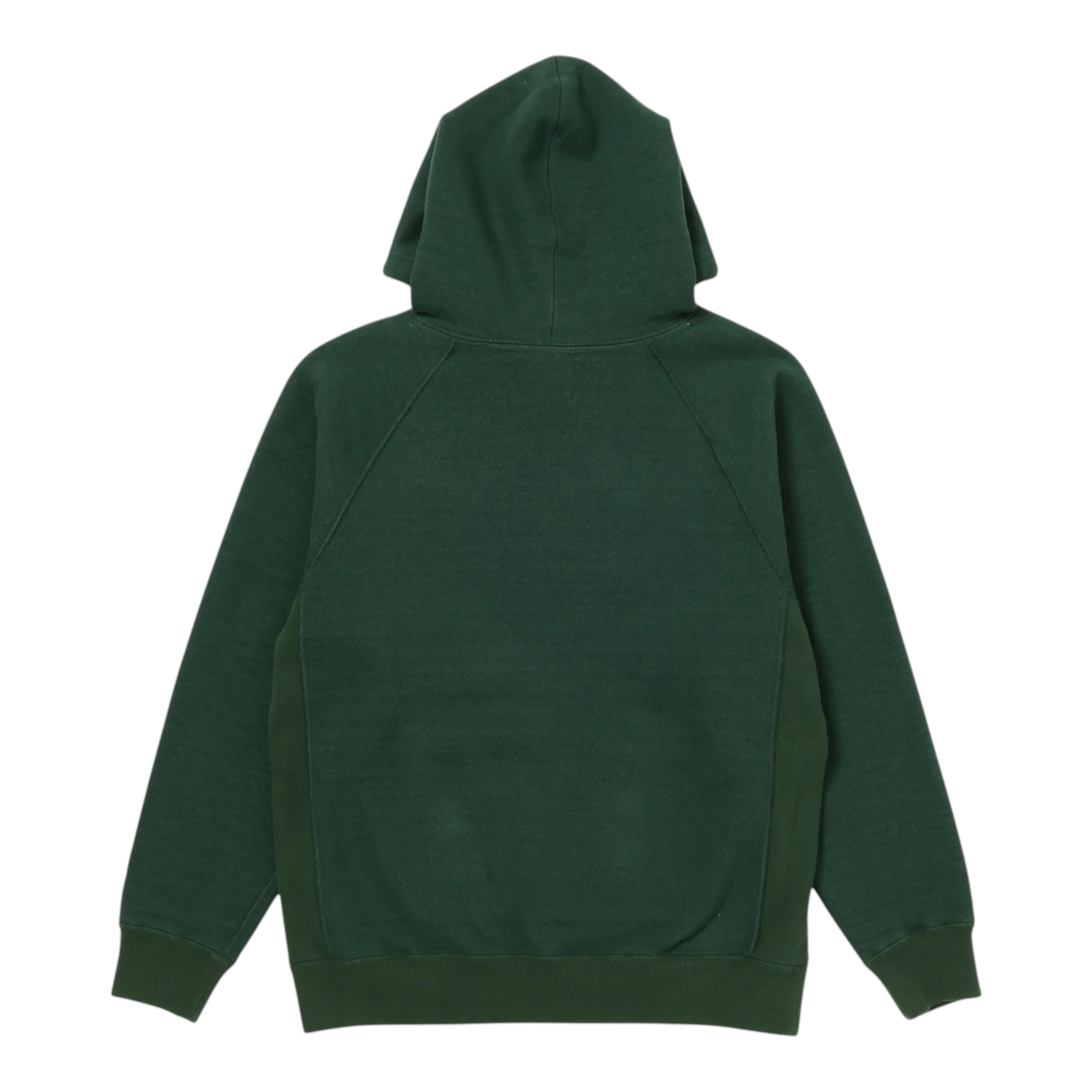 MILWORKS racing green double heavyweight French terry pullover hoodie with raglan sleeves and ribbed side panels.