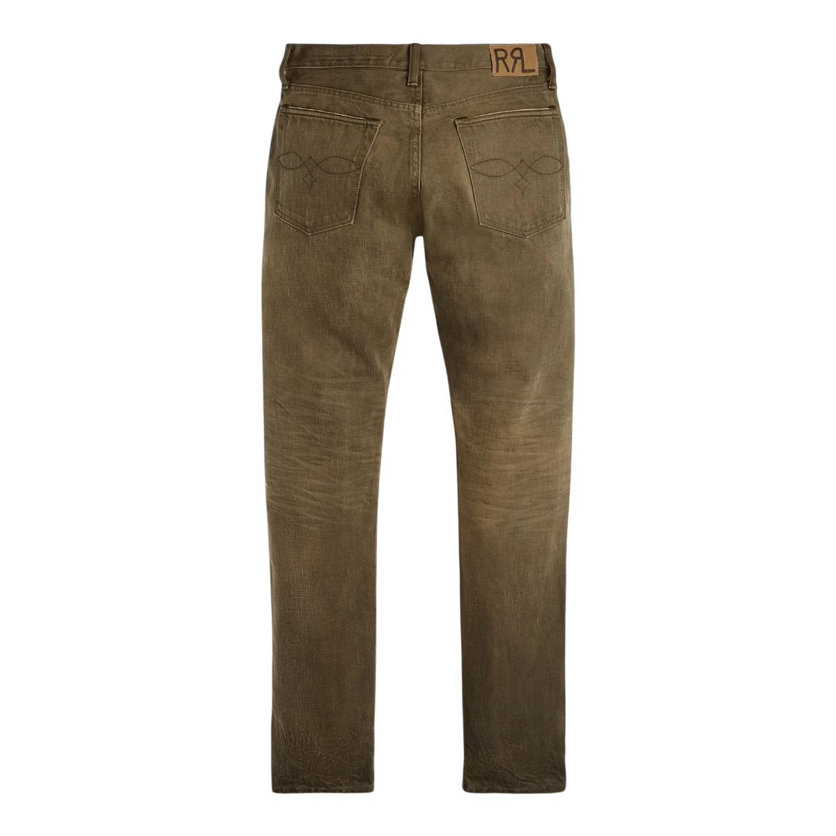 RRL slim fit distressed brown Japanese twill jeans, back view with RRL logo patch and embroidered back pockets.