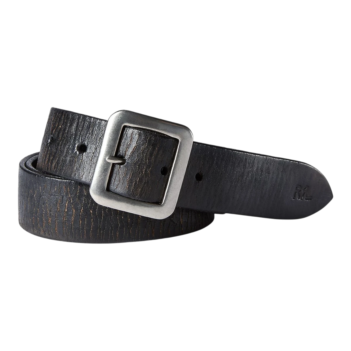 RRL vintage black hand-burnished vegetable-tanned leather belt with a custom single-prong buckle and RL tip.