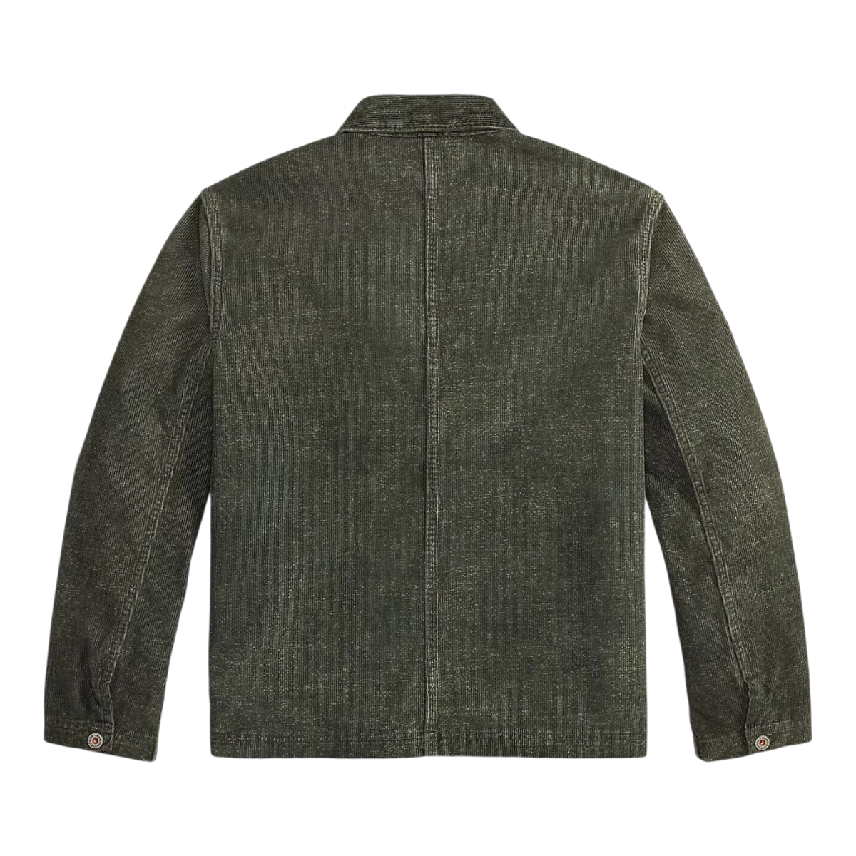 Back view of a RRL vintage grey cotton corduroy shirt jacket with a speckled jaspé-like finish.