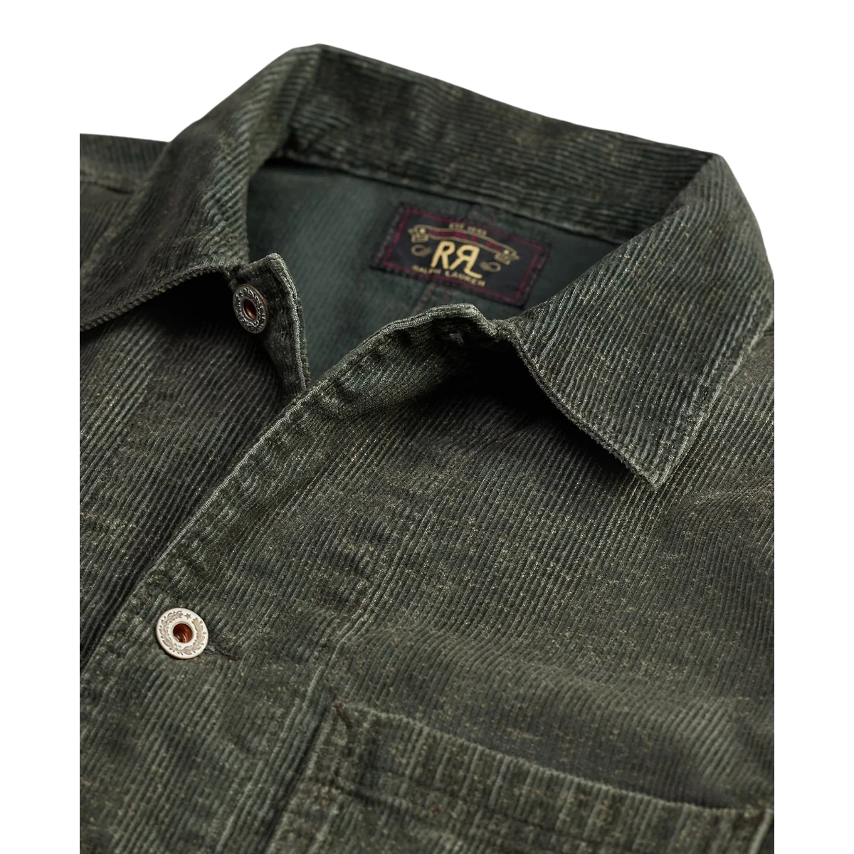 RRL vintage grey cotton corduroy shirt jacket featuring a straight collar and detailed metal buttons.