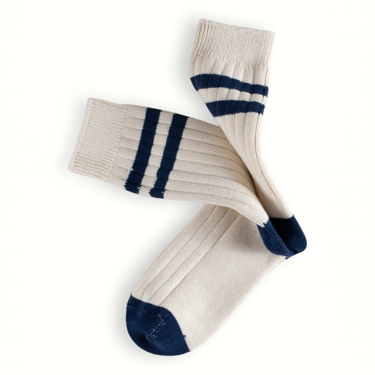 MILWORKS The Racquet Club Collection ribbed cotton socks in cream with navy blue stripes, heel, and toe accents.