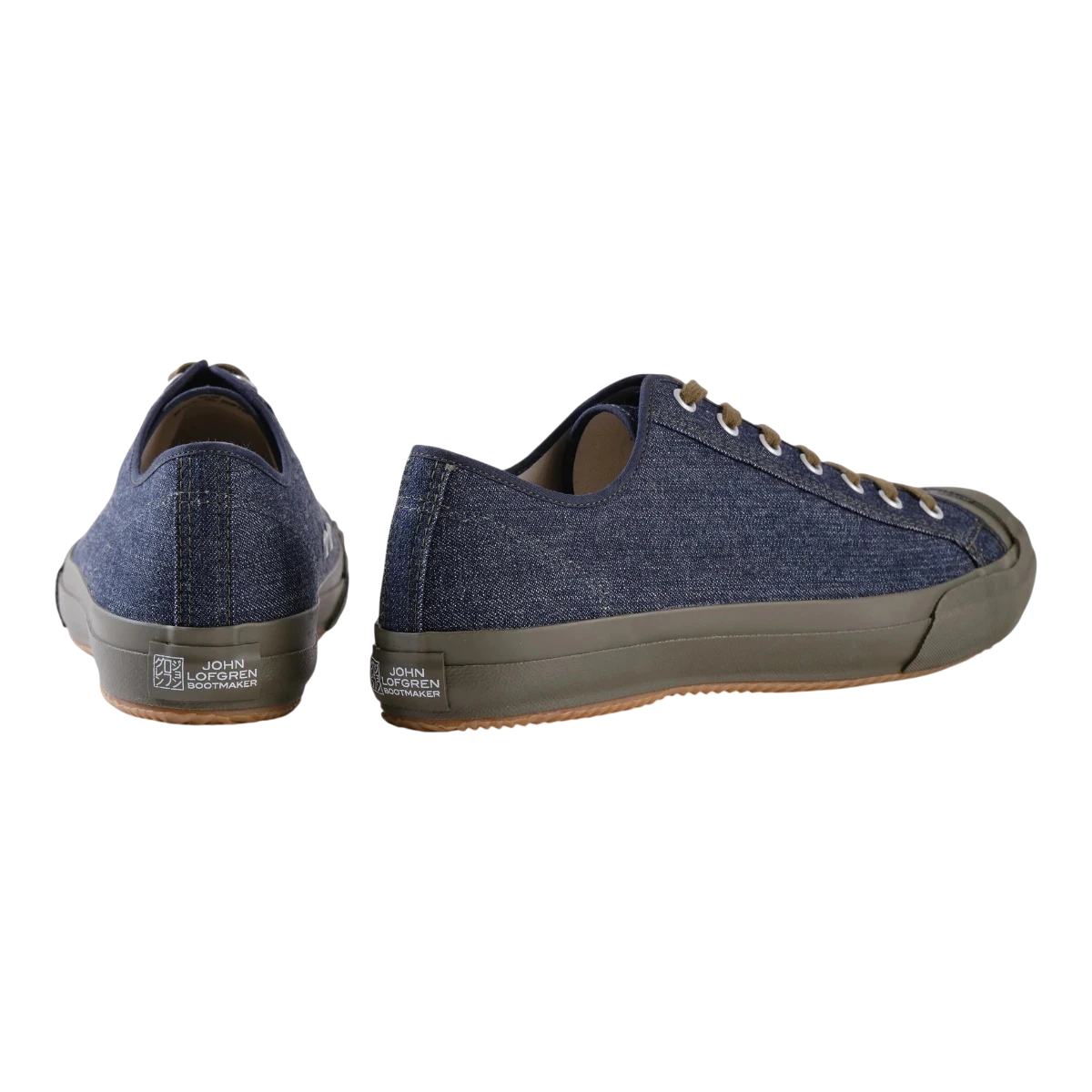 MILWORKS x The Rite Stuff x Papa Nui x John Lofgren indigo denim vulcanized sneakers with olive rubber soles.