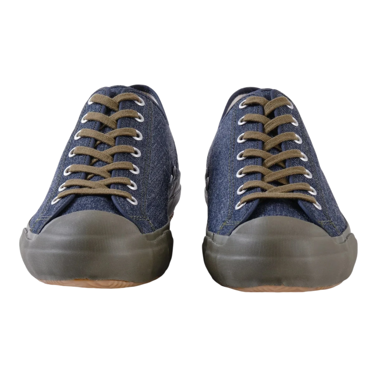 MILWORKS x The Rite Stuff x Papa Nui x John Lofgren indigo denim sneakers with olive vulcanized rubber toe caps.