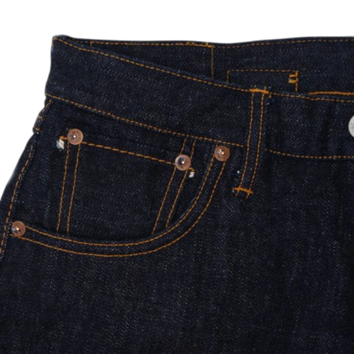 UES 17oz dark indigo selvedge denim jeans featuring contrast stitching and vintage-style copper rivets.