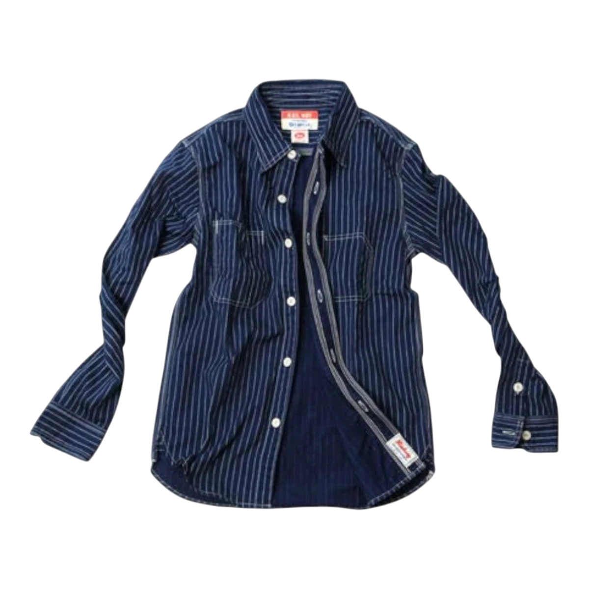 UES blue pinstripe chambray work shirt with corozo buttons and asymmetric chest pockets.