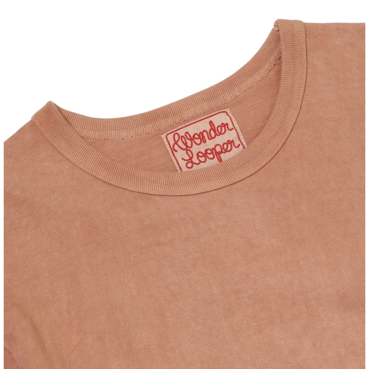Wonder looper Amami hand-dyed rosy slub cotton crewneck t-shirt with ribbed binder neck collar and vintage label