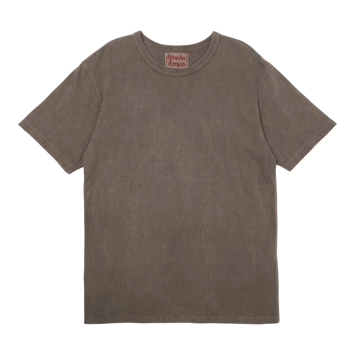 Wonder looper Amami hand-dyed recycled cotton slub t-shirt in a dark earthy tone with a ribbed crewneck collar.
