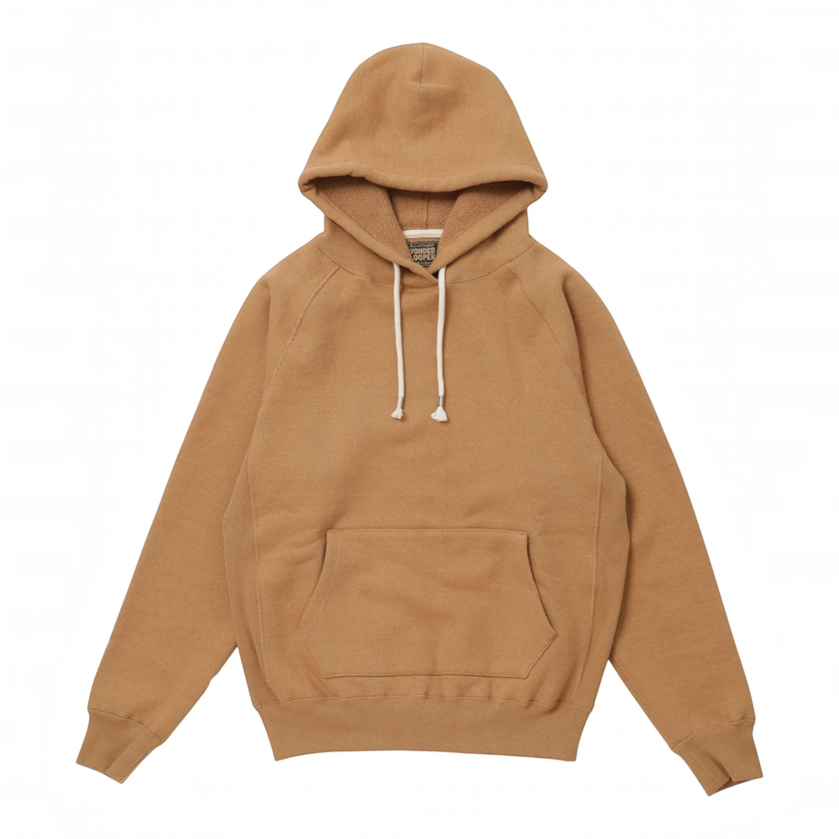 MILWORKS pullover hoodie in coyote brown Foxfibre organic cotton French terry with raglan sleeves and front pocket.