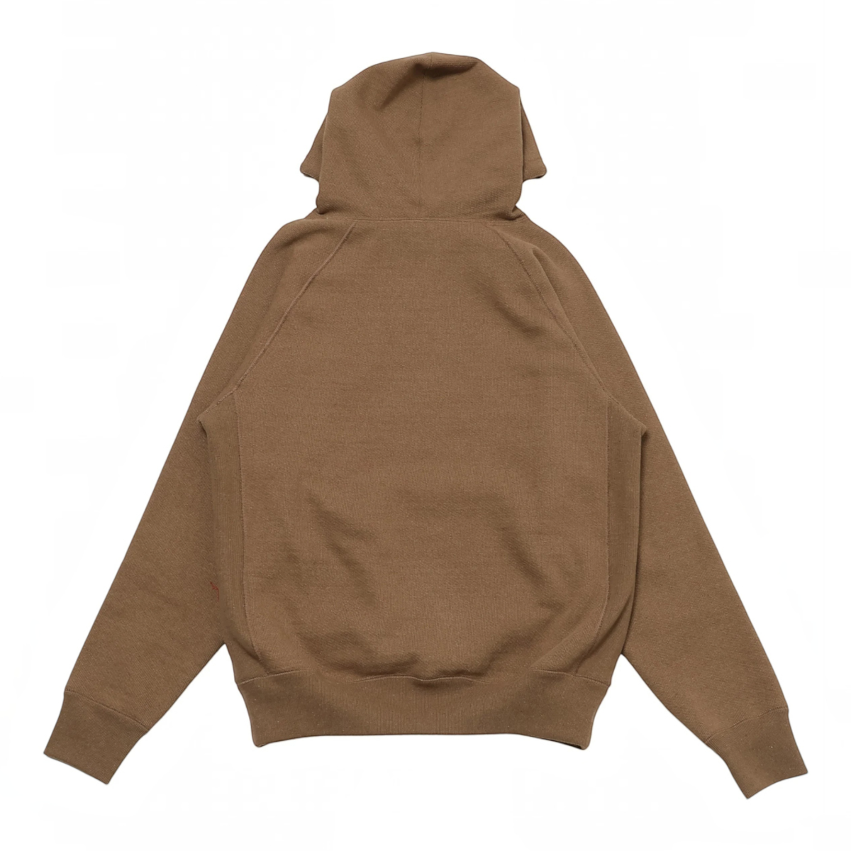 MILWORKS pullover hoodie in coyote 80 brown heavy French terry cotton with raglan sleeves and ribbed hem, back view.