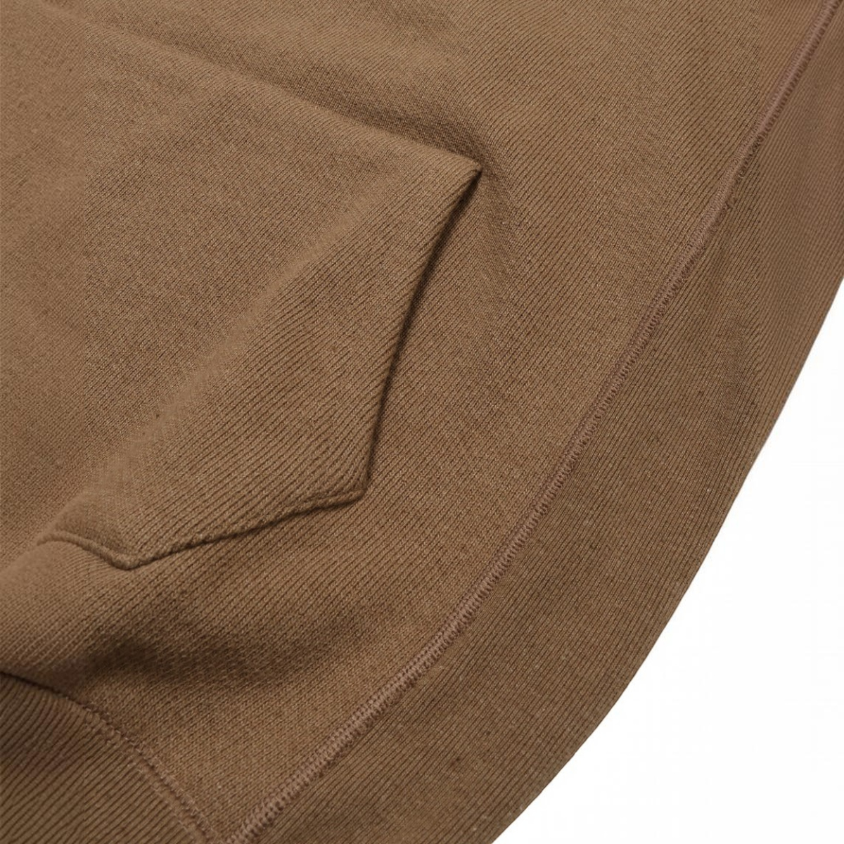 MILWORKS coyote brown Foxfibre double heavyweight French terry pullover hoodie with hand warmer pocket detail
