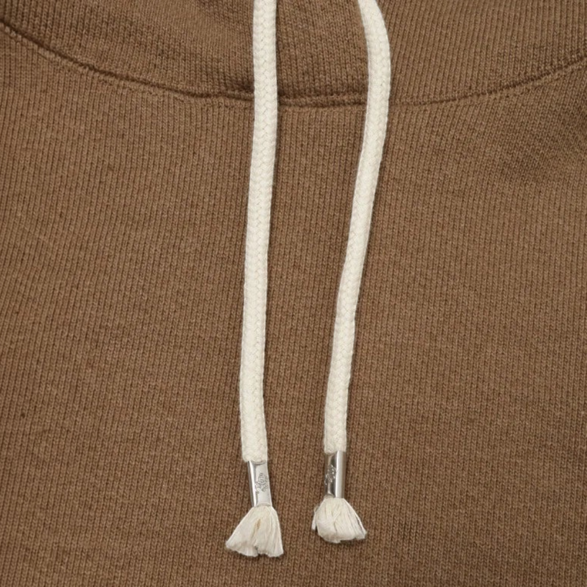 MILWORKS coyote brown heavy French terry pullover hoodie featuring off-white cotton drawstrings with metal aglets