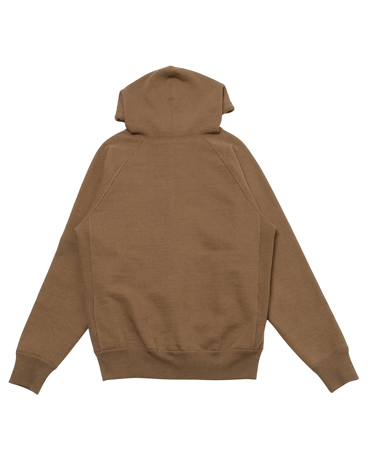 Back view of a MILWORKS coyote brown heavyweight French terry zip hoodie with raglan sleeves and ribbed side panels.