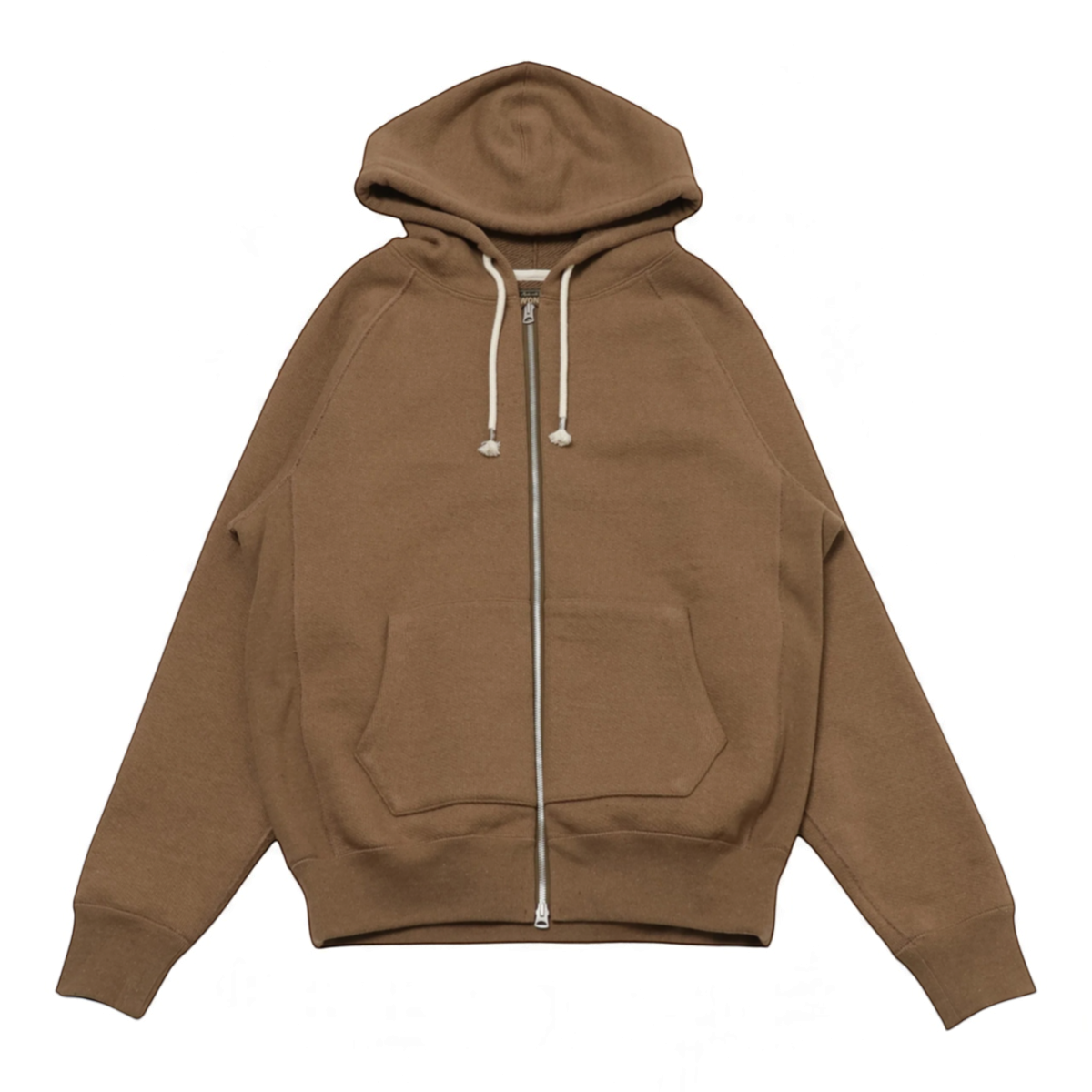 MILWORKS zip hoodie in Coyote 80 brown Foxfibre French terry with raglan sleeves, drawstring hood, and front pockets.