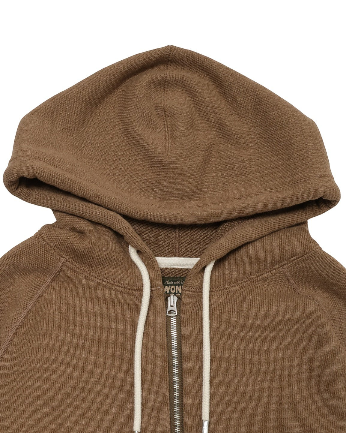 MILWORKS zip hoodie in coyote 80 brown Foxfibre French terry cotton with a drawstring hood and metal zipper.