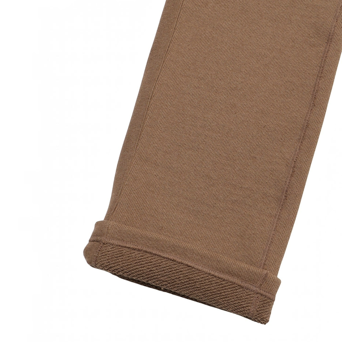 MILWORKS coyote brown heavy French terry sweatpants cuff showing the thick, textured loopback interior fabric.