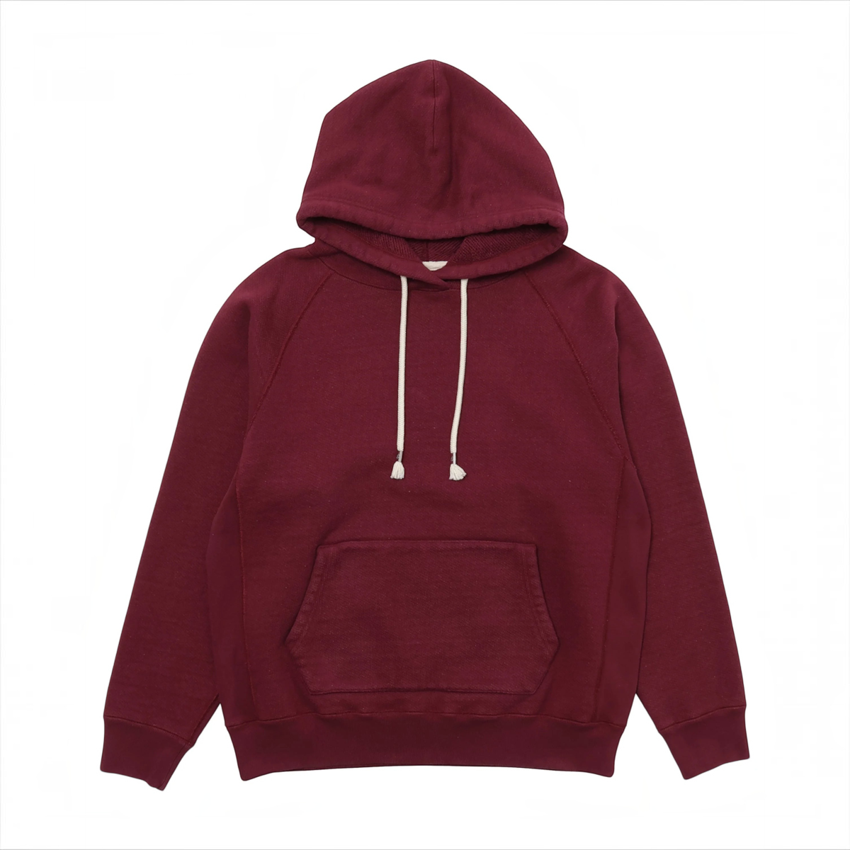 MILWORKS burgundy double heavyweight French terry pullover hoodie with drawstring hood and front kangaroo pocket.