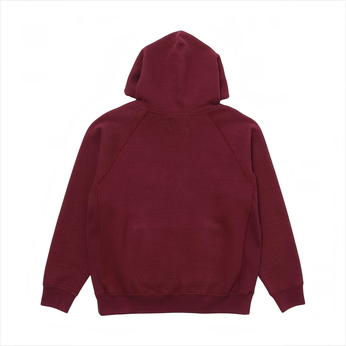 Back view of a MILWORKS burgundy double heavyweight French terry cotton pullover hoodie with raglan sleeves.