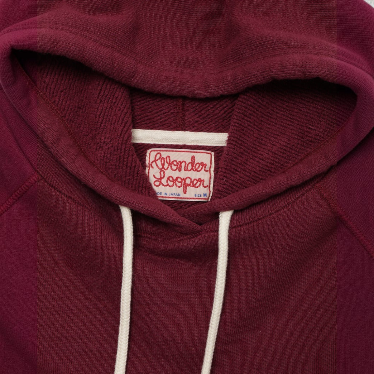MILWORKS Wonder Looper burgundy double heavyweight French terry pullover hoodie with drawstring hood and inner label