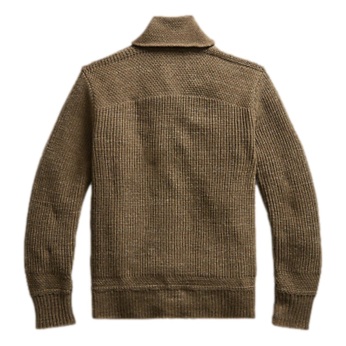 Cotton-Wool Shawl-Collar Cardigan Olive Heather - Sweater