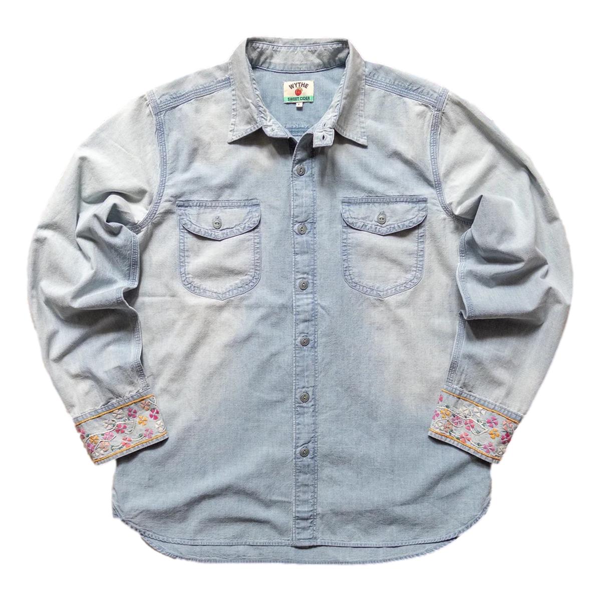 Embroidered Chambray Workshirt Washed Sunfaded Indigo
