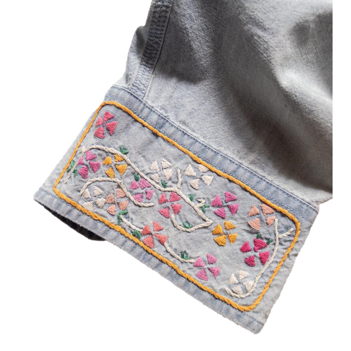 Embroidered Chambray Workshirt Washed Sunfaded Indigo