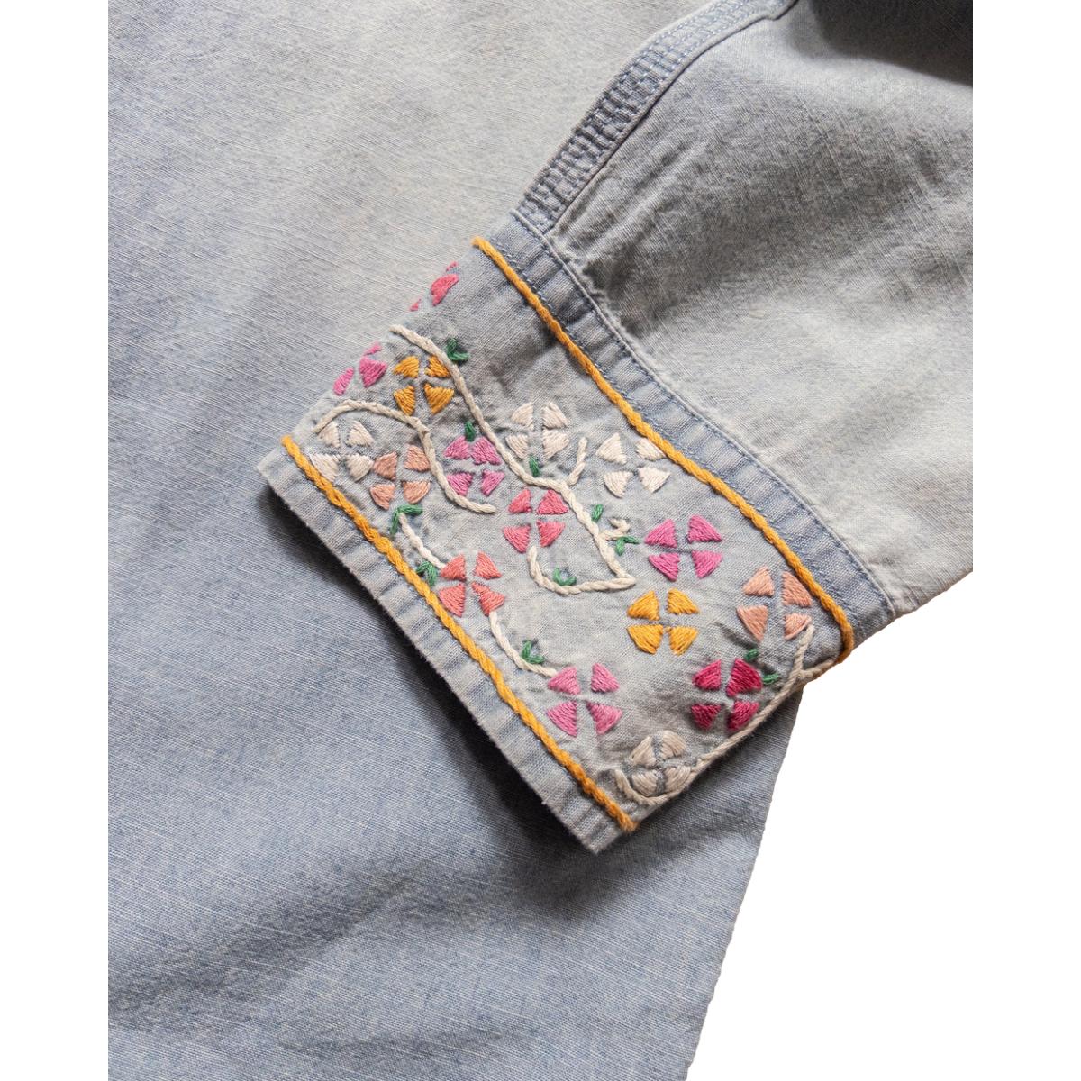 Embroidered Chambray Workshirt Washed Sunfaded Indigo