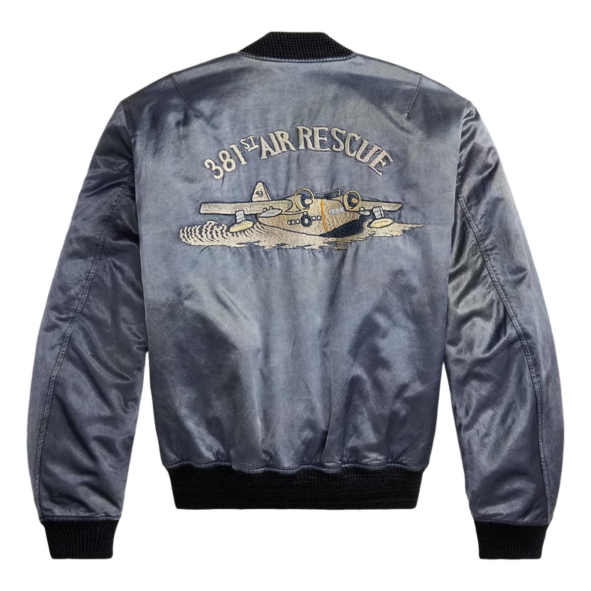 Embroidered Satin Flight Jacket Vintage Blue - outerwear