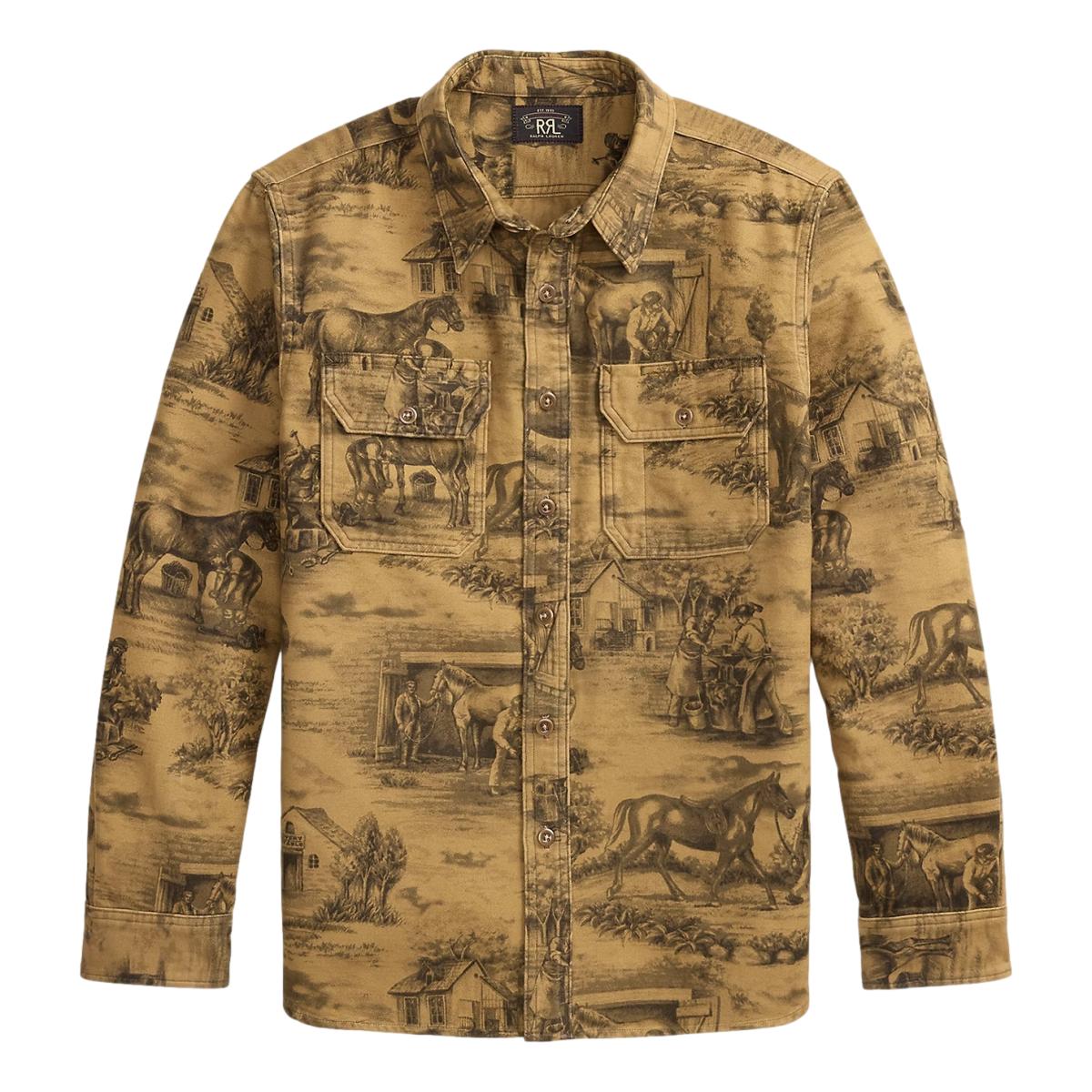 Equestrian-Print Moleskin Workshirt Brown - Shirts