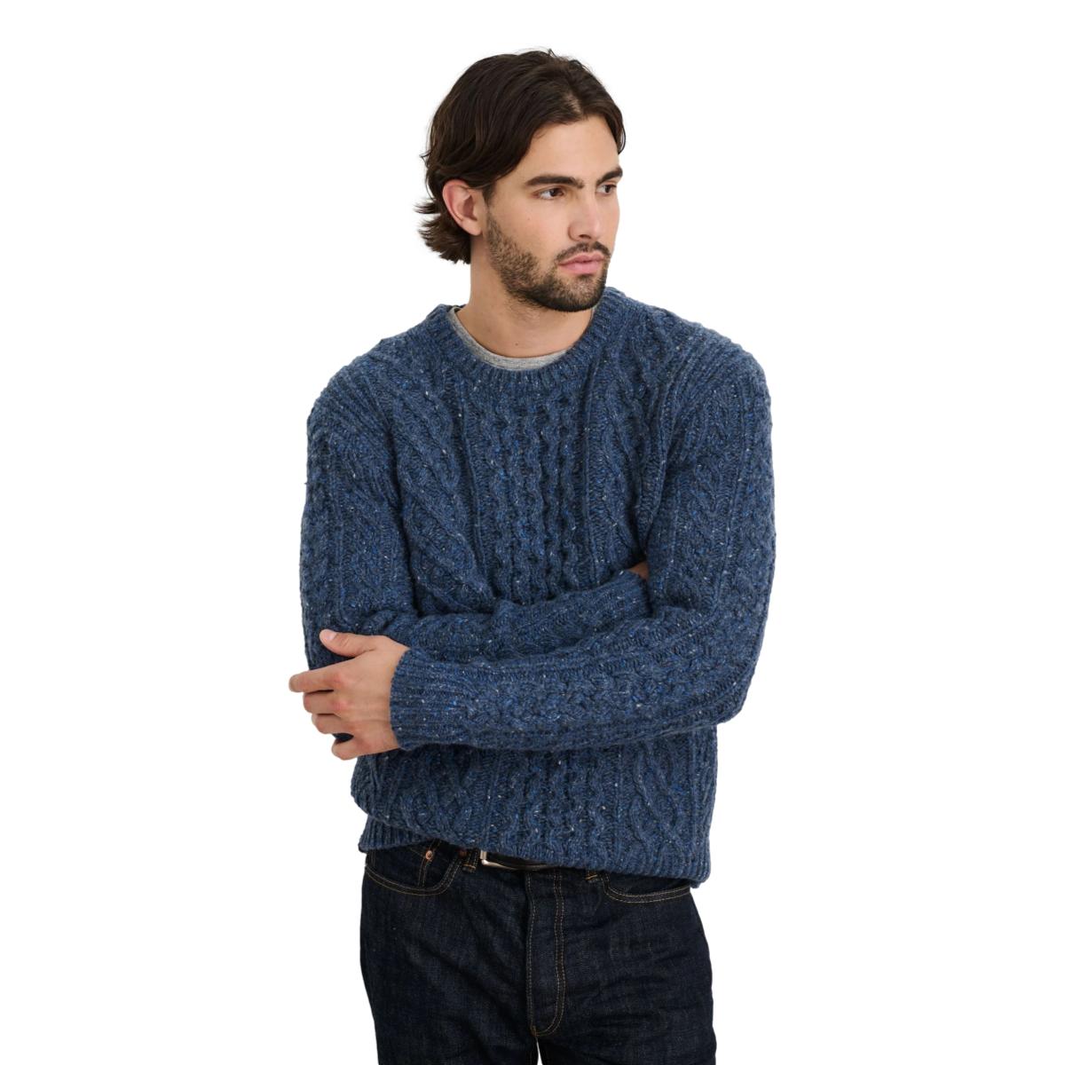 Fisherman Cable Crewneck Donegal Wool Heather Navy - Sweater