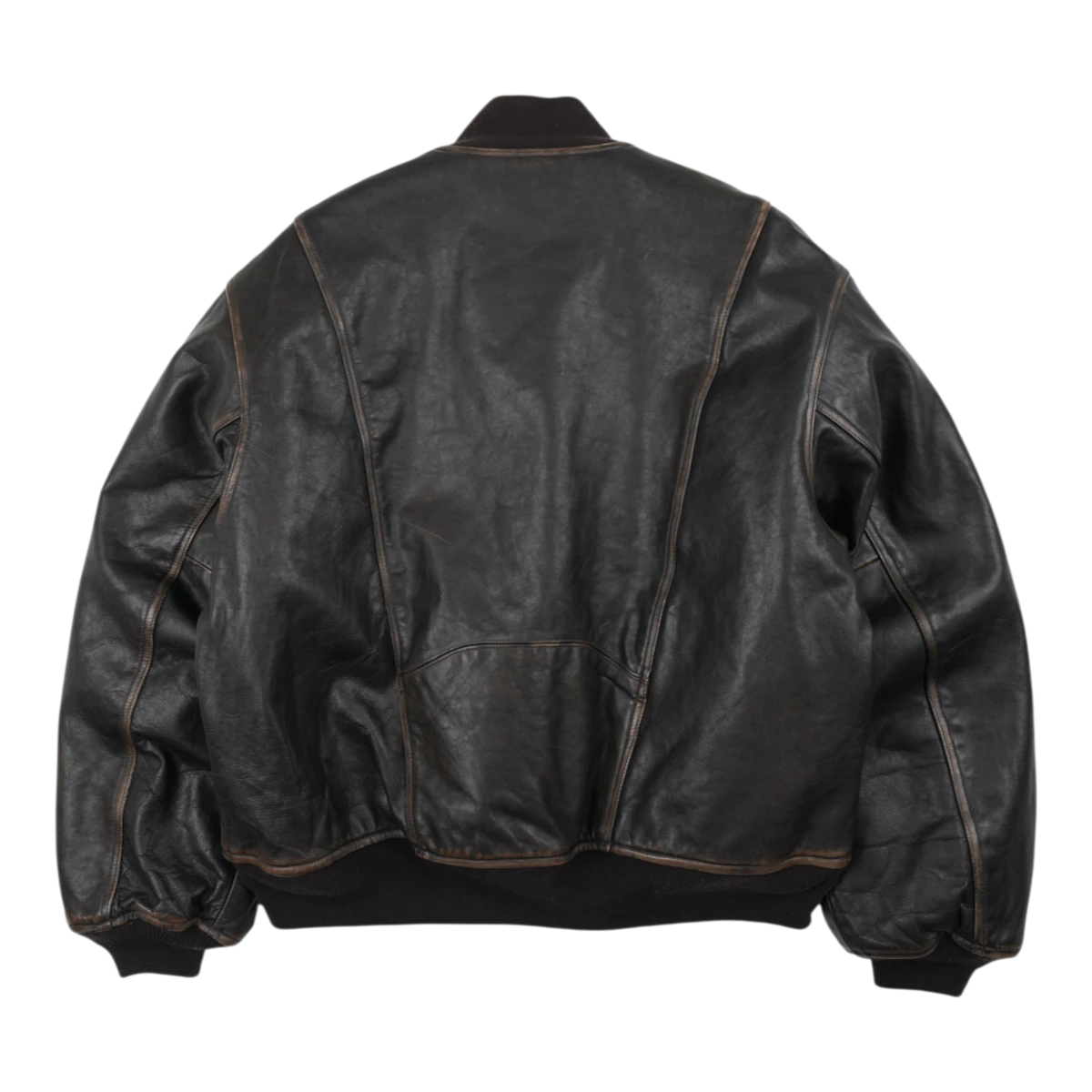 Back view of frizmworks brown cowhide leather tanker jacket with a vintage patina finish and ribbed hem and cuffs.