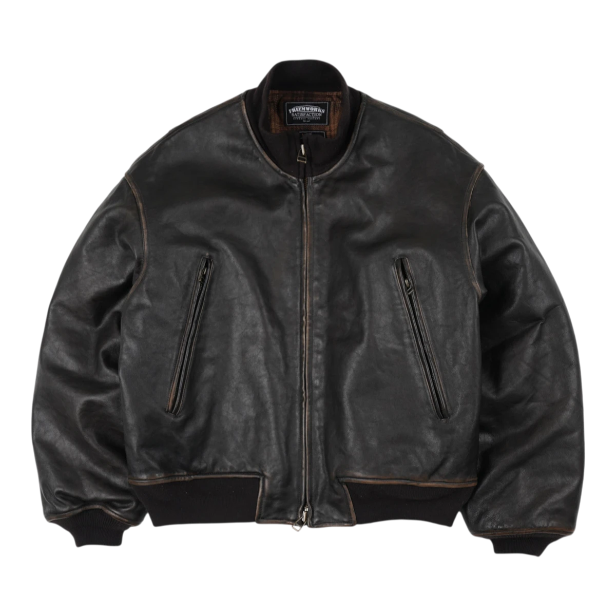 FrizmWORKS brown cowhide leather tanker jacket with vintage patina finish, ribbed cuffs, and YKK zippers.