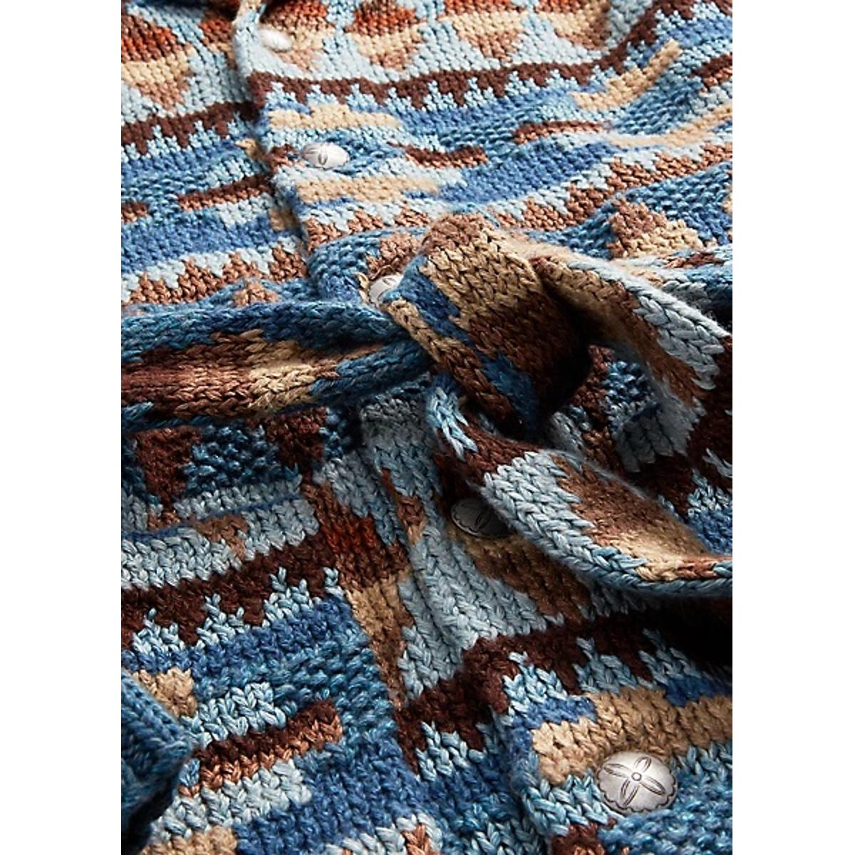 Hand-Knit Linen-Blend Belted Cardigan Blue Multi - Sweater