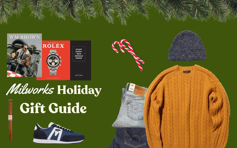 Holiday gift guide featuring clothing, accessories, and watches arranged in a festive layout.