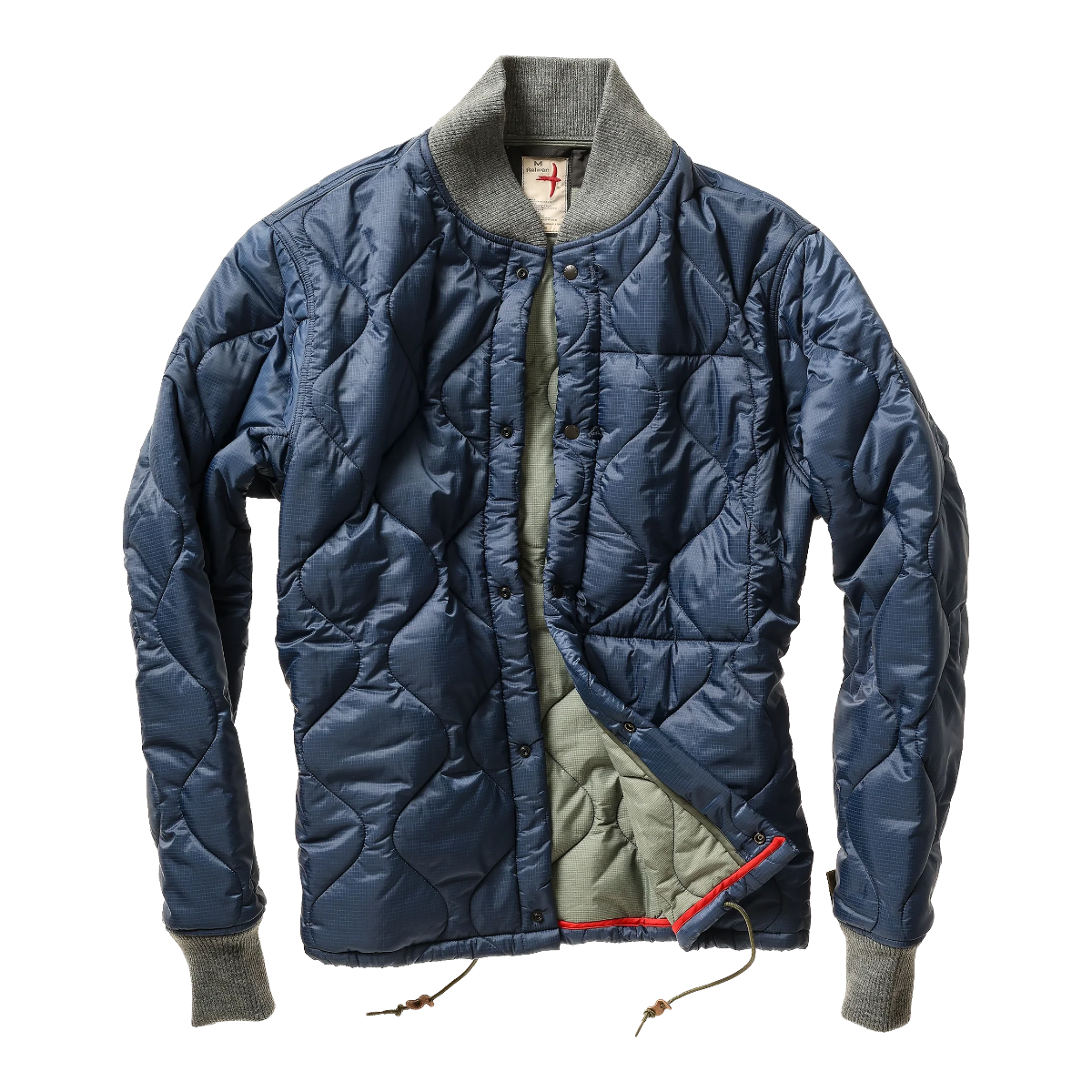 Milworks Relwen Defender charcoal quilted ripstop liner jacket with rib-knit collar and cuffs.