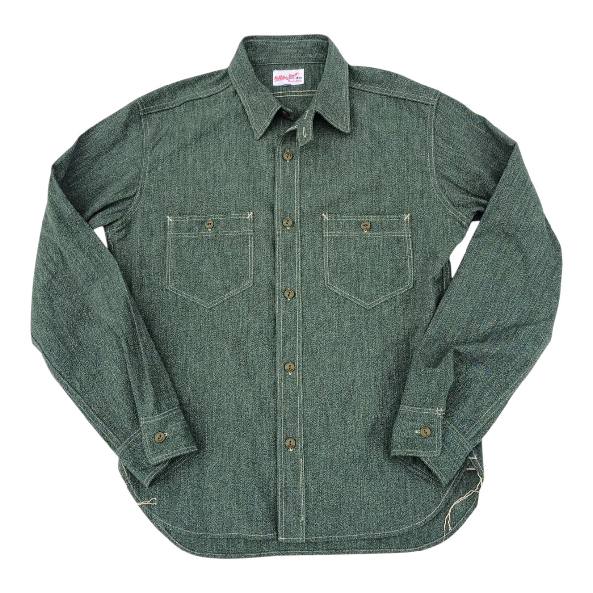 MILWORKS Atlas 6.5 oz. sage green selvedge salt and pepper chambray work shirt with cat's eye buttons