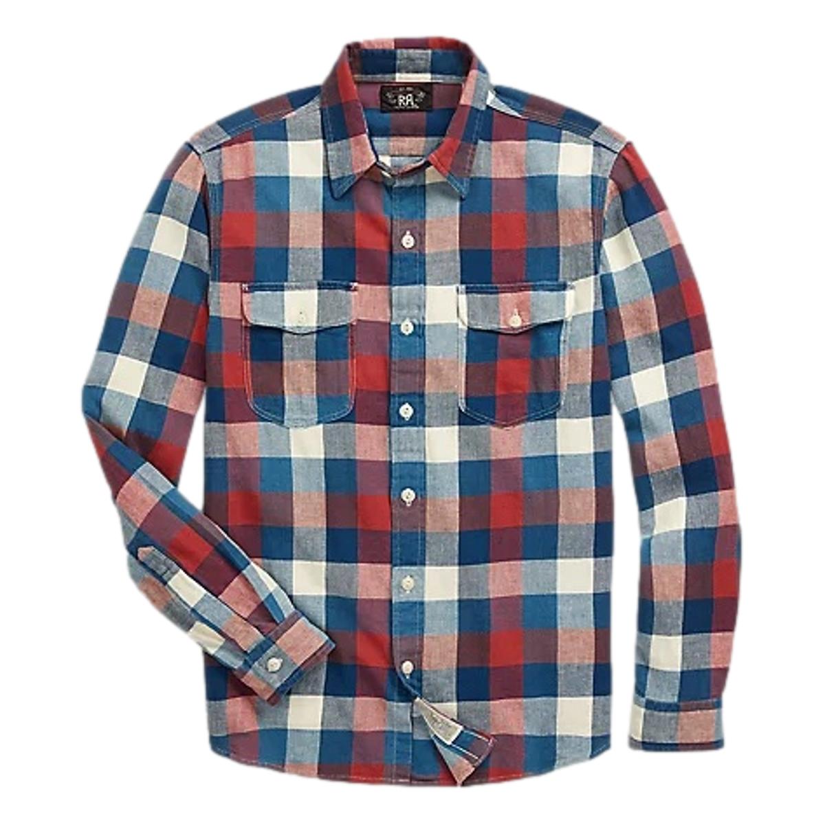 RRL Indigo Plaid Cotton-Linen Workshirt Red Indigo - MILWORKS